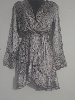 Snake Print Wrap Mini Dress in Neutral Tones